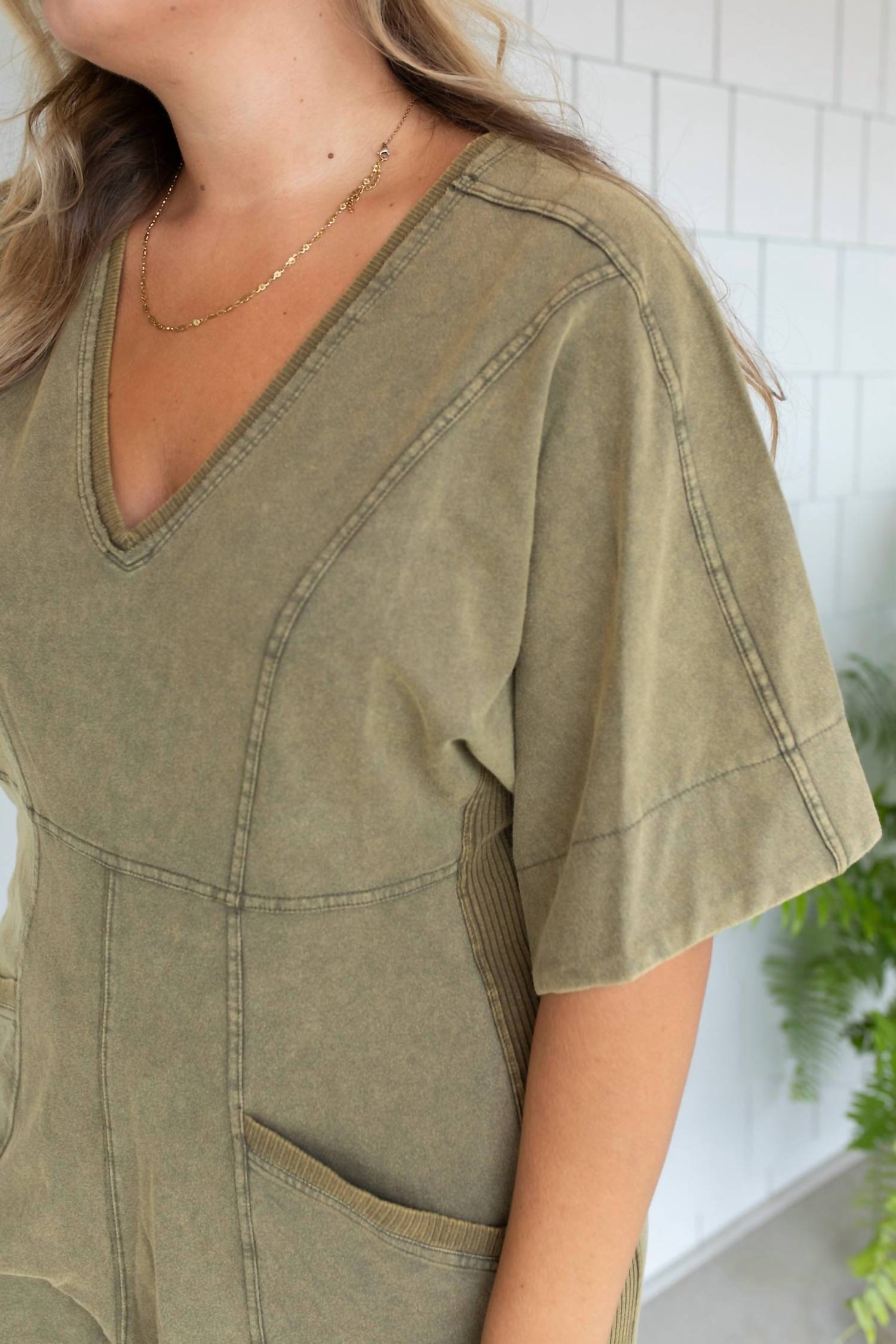 BiBi Vintage V-neck Jumpsuit in olive green - women's pants - view 5