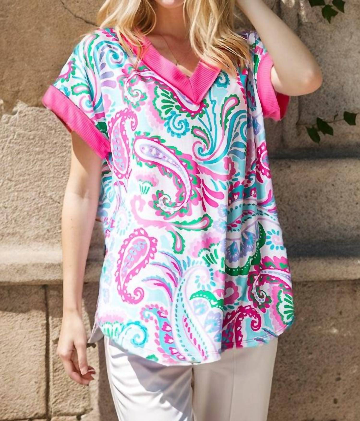 Heimish Usa - Dolman Sleeve V-neck Paisley Print Top