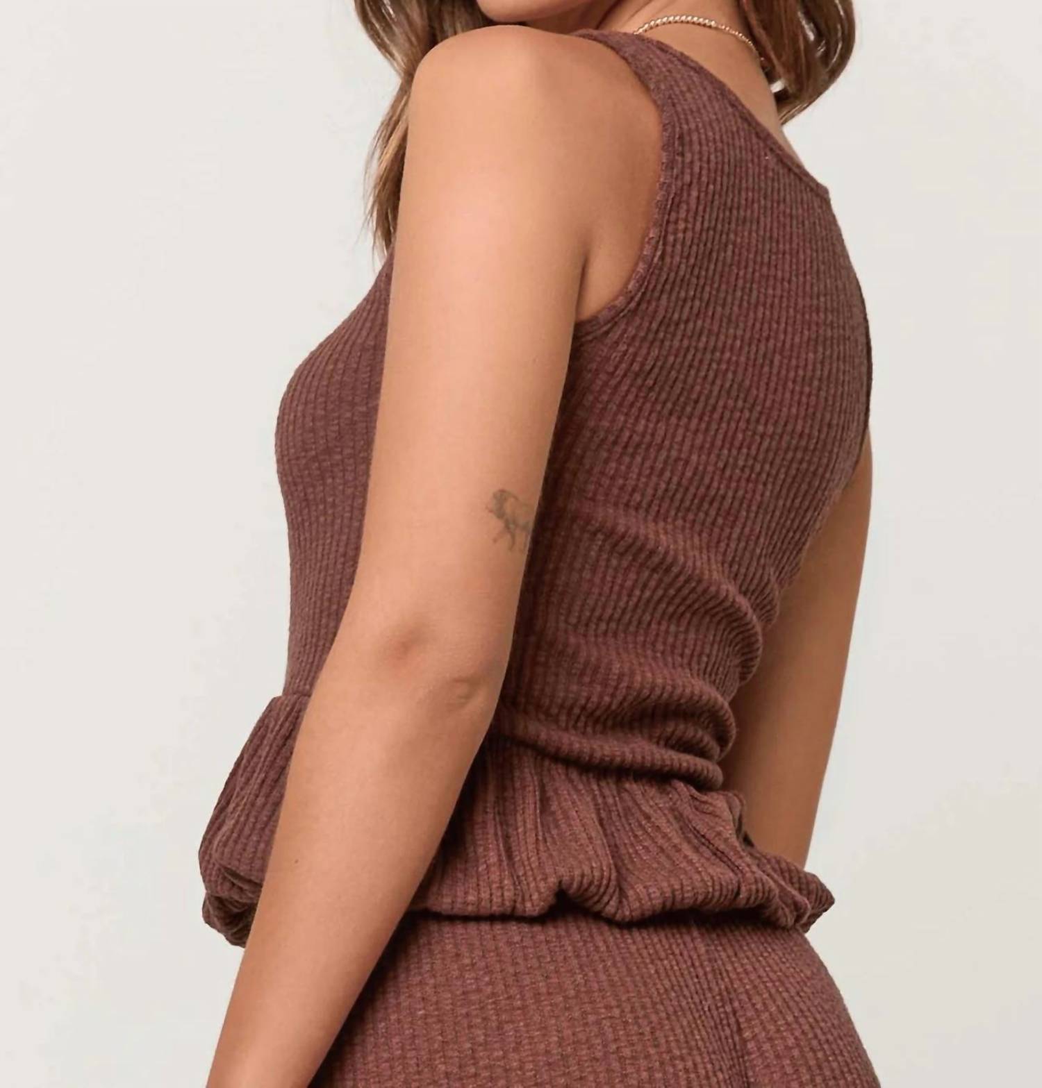 PROJECT SOCIAL T Monterosa Textured Rib Peplum Tank Top in cacao - women's tank top - alternate view