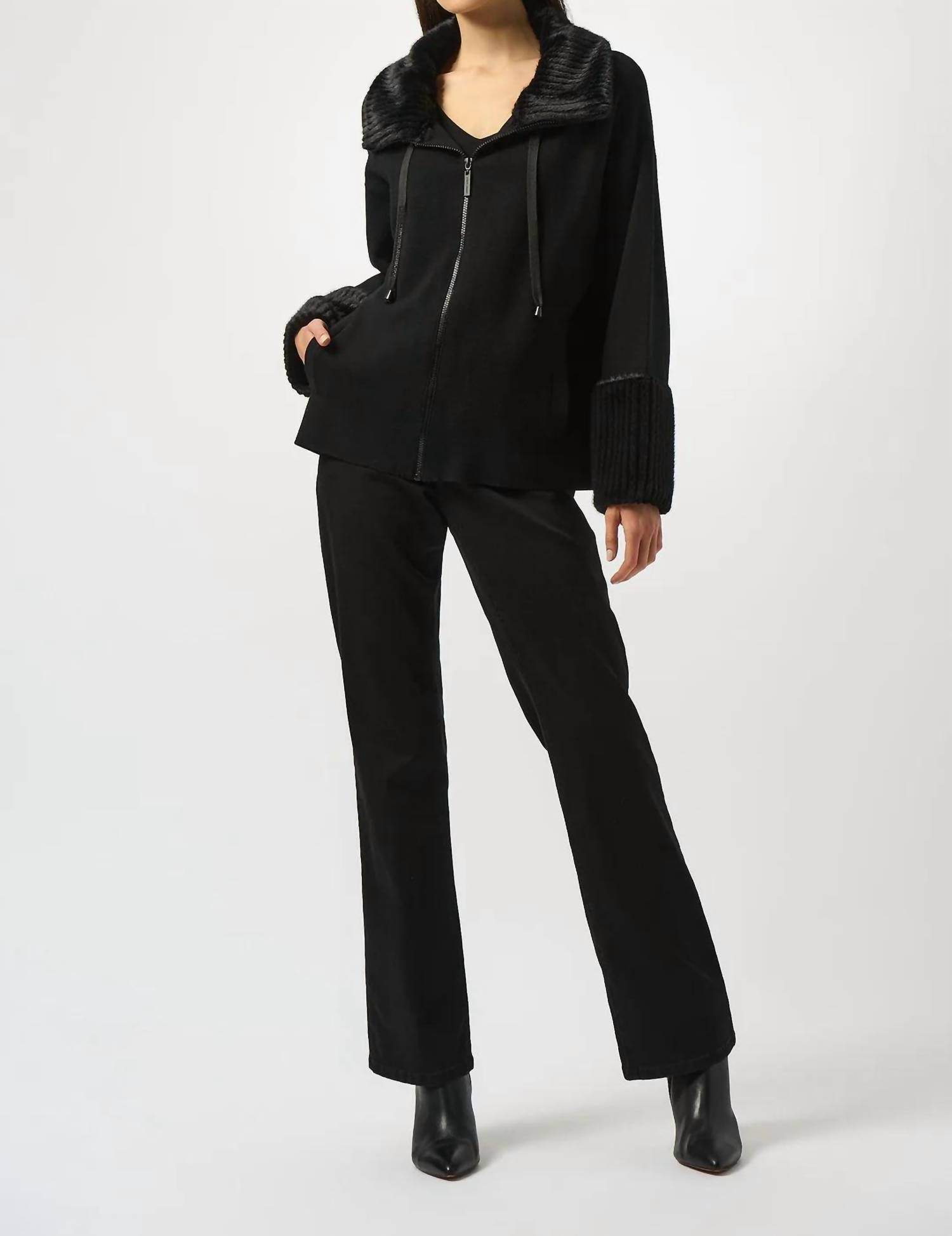 Joseph Ribkoff - Sweater Knit Fur Trim Long Sleeve Jacket