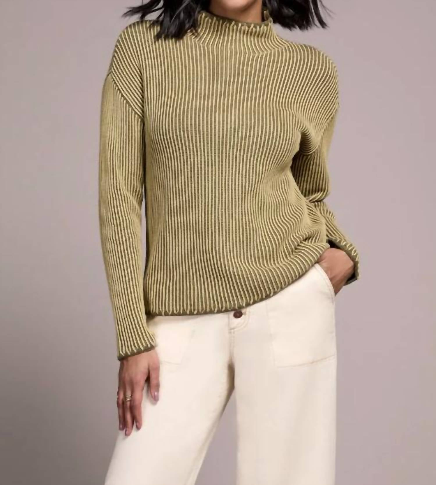 Tribal - Combed Cotton Two-tone Rib Funnel Neck Sweater