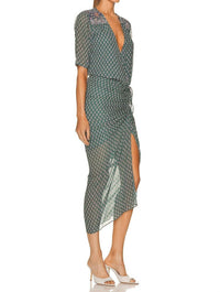 Veronica Beard Mariposa Midi Wrap Dress in seaglass multi - women's dress - detail view