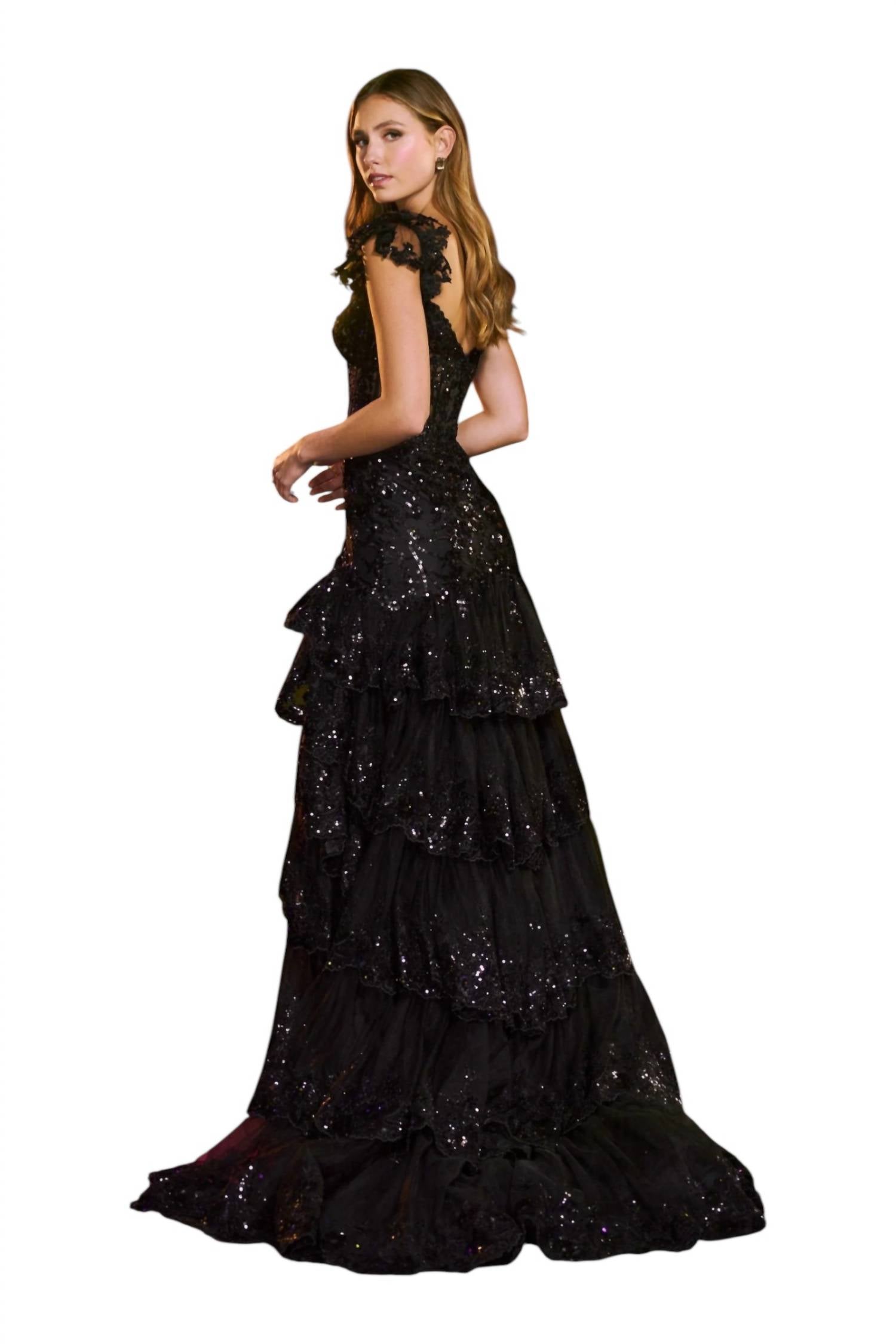Sherri Hill Cap Sleeve Ruffle Skirt Dress in black - women's dress - alternate view