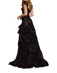 Sherri Hill Cap Sleeve Ruffle Skirt Dress in black - women's dress - detail view