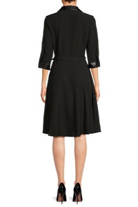 Sharagano - Pointed Collar 3/4 Sleeves Belted Stretch Crepe Dress