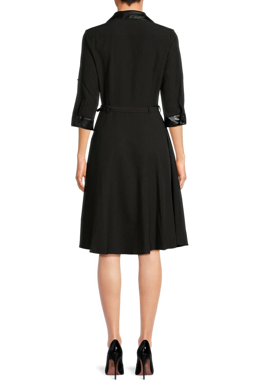 Sharagano - Pointed Collar 3/4 Sleeves Belted Stretch Crepe Dress