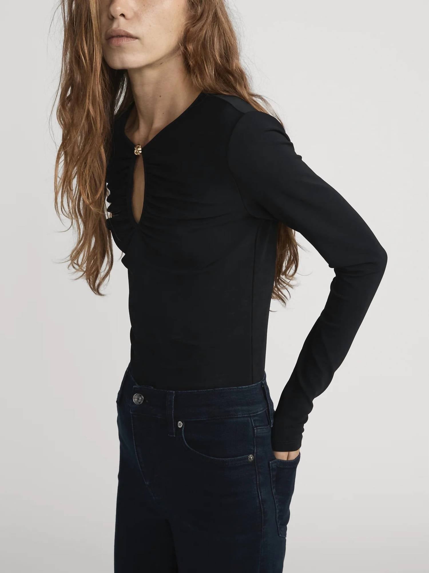 FRAME Keyhole Top in black - women's long sleeve top - detail view