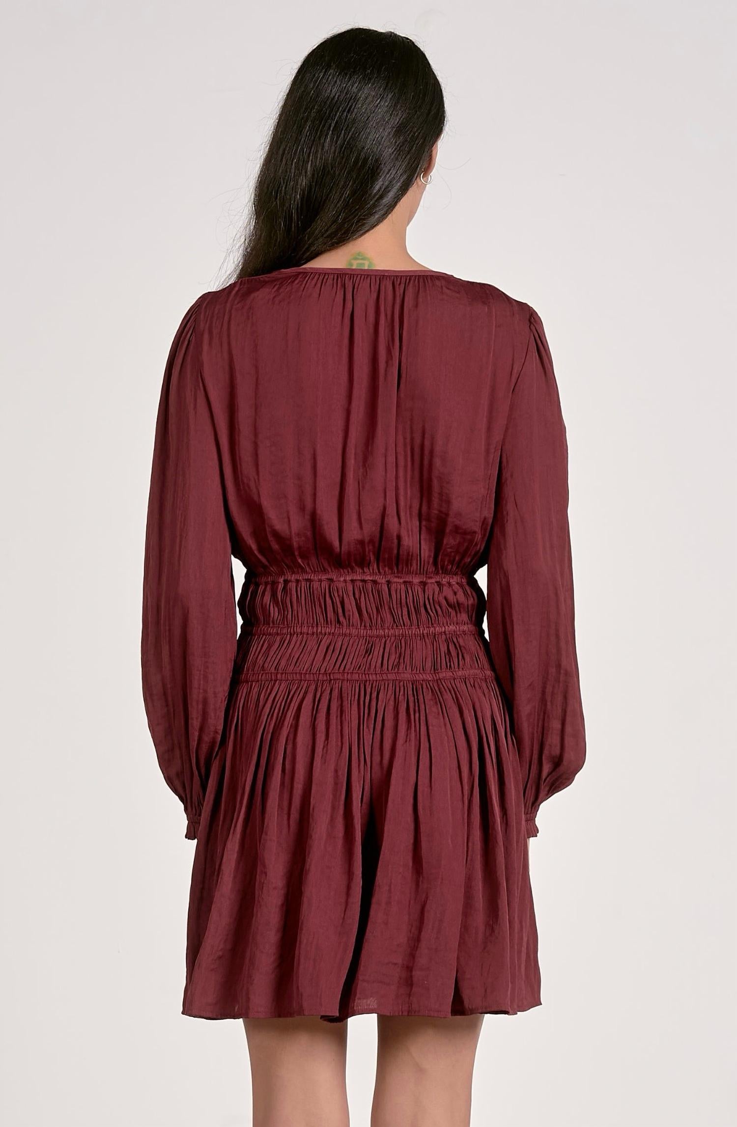 Elan - V-neck Long Sleeve Smocked Waist Dress