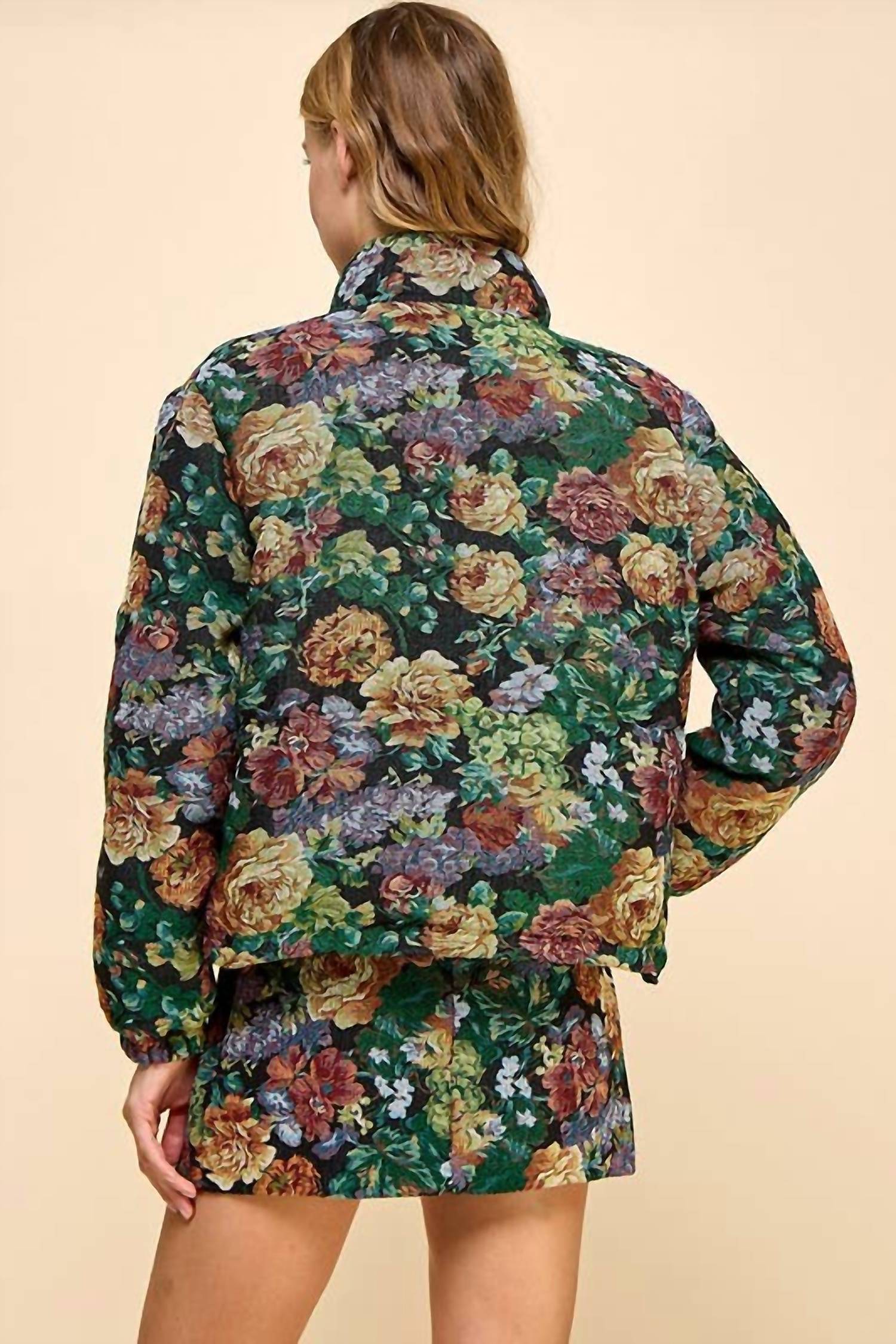 Tcec - Corduroy Floral Printed Puffer Jacket