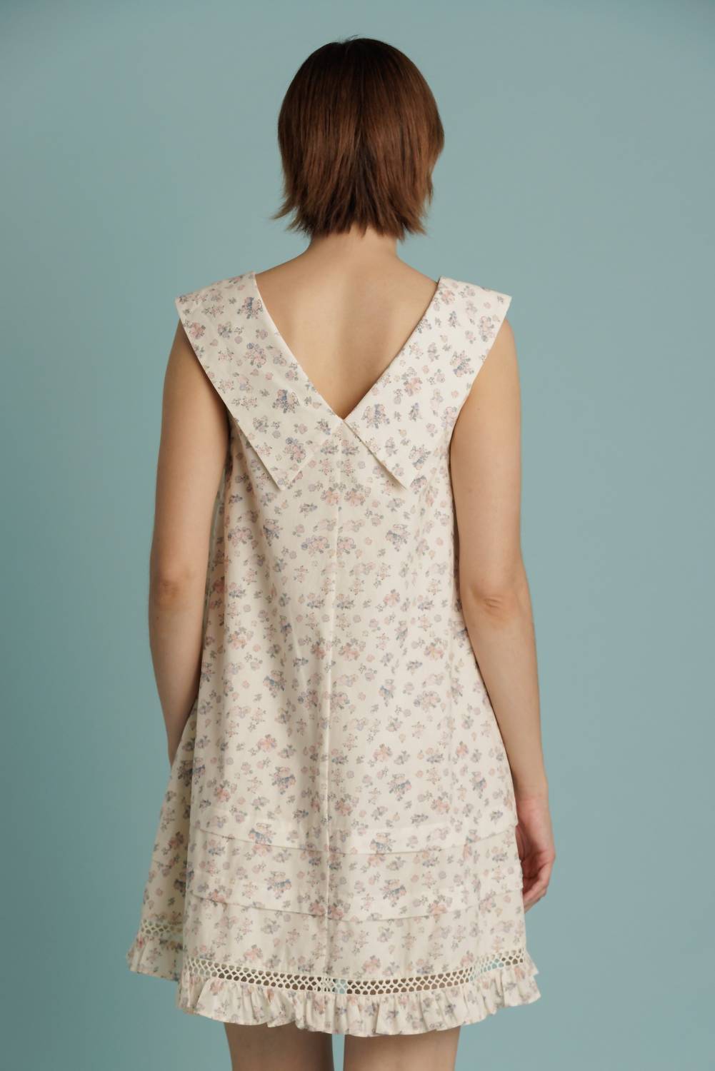 Aureum Sailor Collar Floral Mini Dress in beige - women's dress - detail view