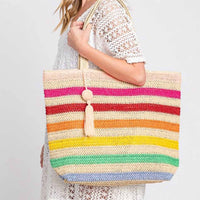 3Am By H&D Accessories - Women's Pom Pom Tassel Rainbow Striped Straw Crochet Tote Bag