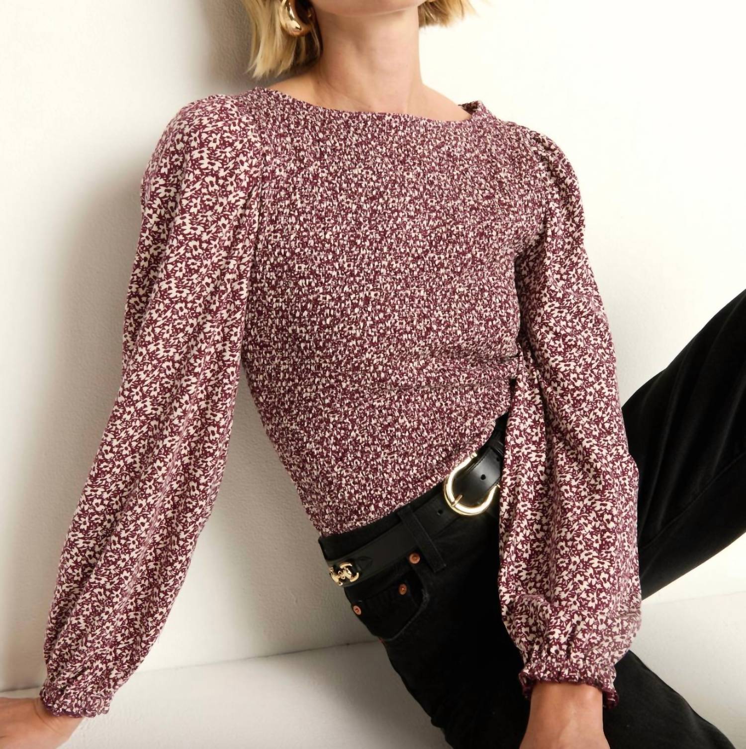 Nation LTD Aidan Smocked Top in winter floral 1 - women's long sleeve top