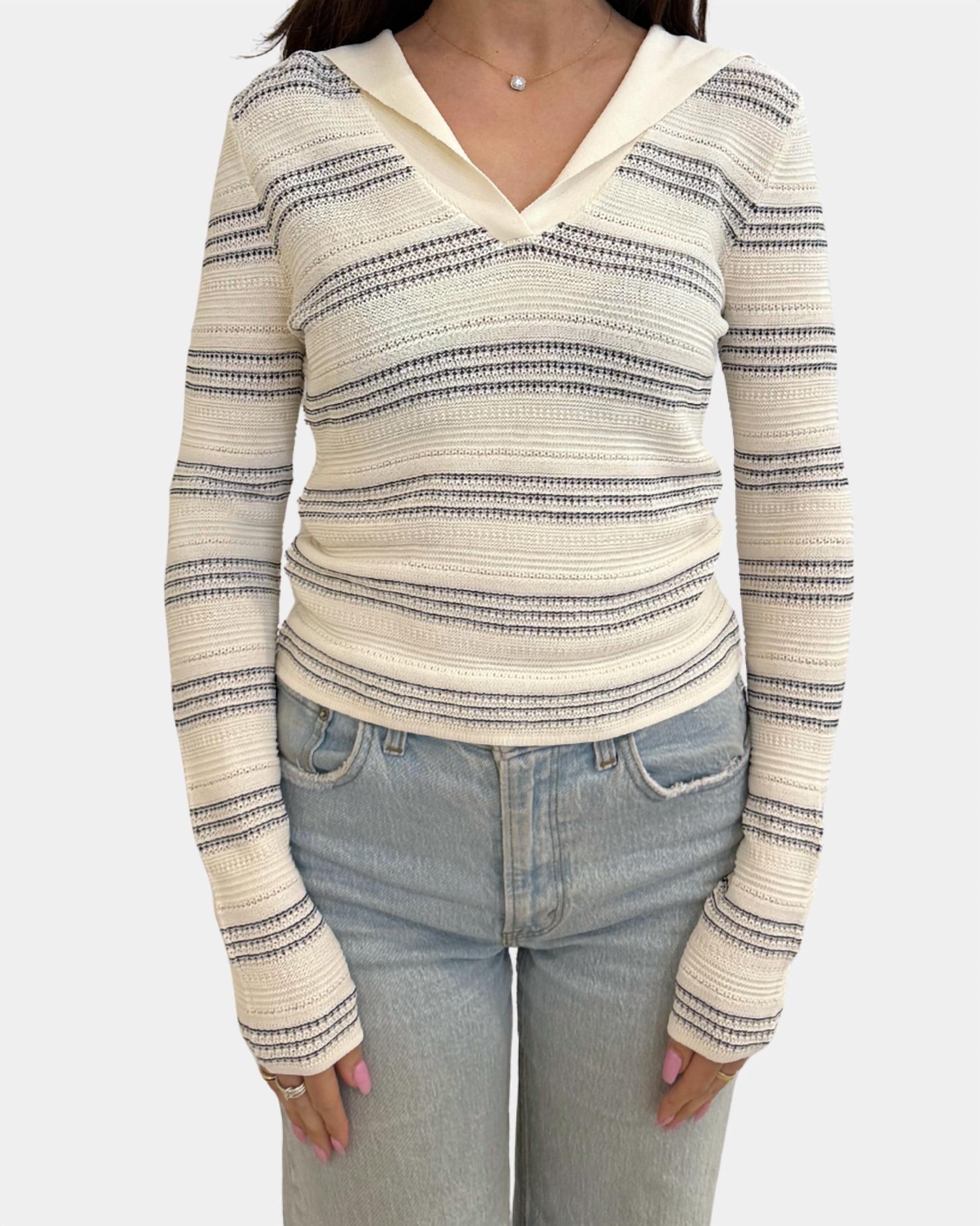 STEVE MADDEN Yvette Striped Sailor Sweater in navy stripe - women's sweater - detail view