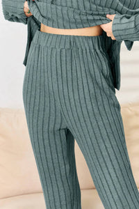 Basic Bae - Full Size Ribbed Drawstring Hooded Top And Straight Pants Set