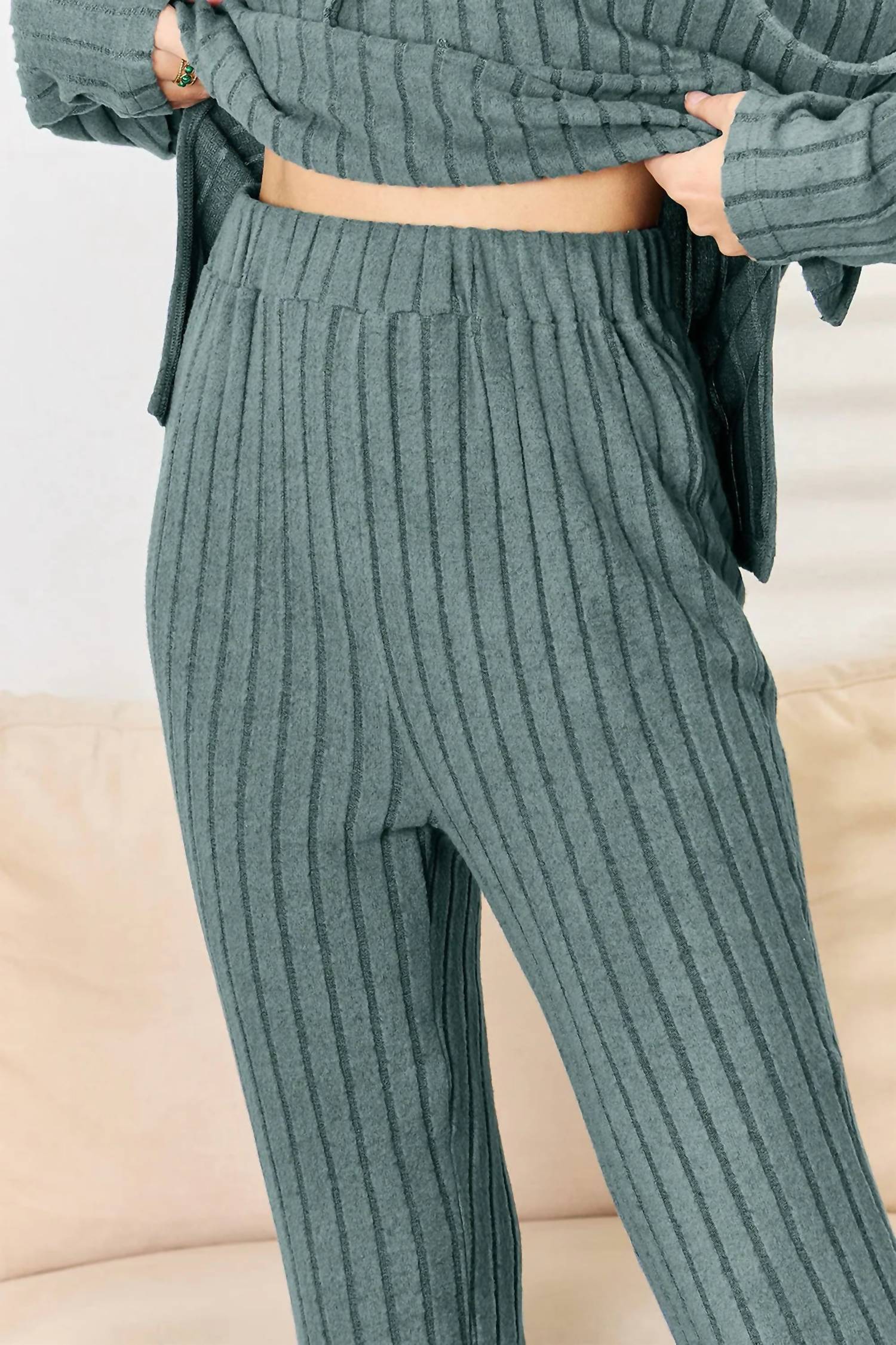 Basic Bae - Full Size Ribbed Drawstring Hooded Top And Straight Pants Set