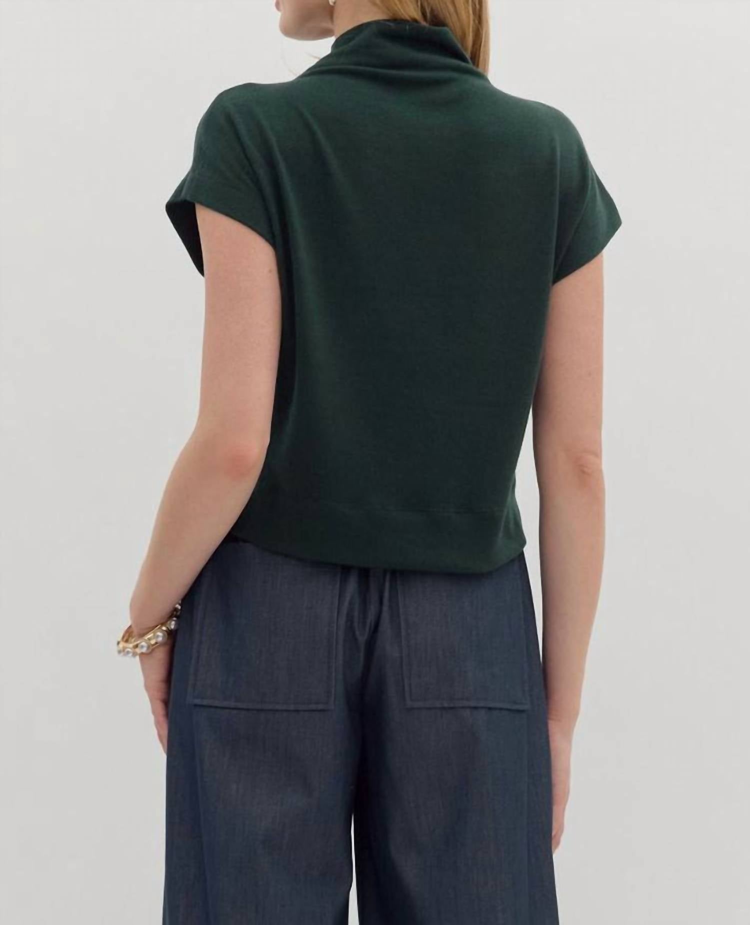entro Modern Mock Top in hunter green - women's t-shirt - detail view