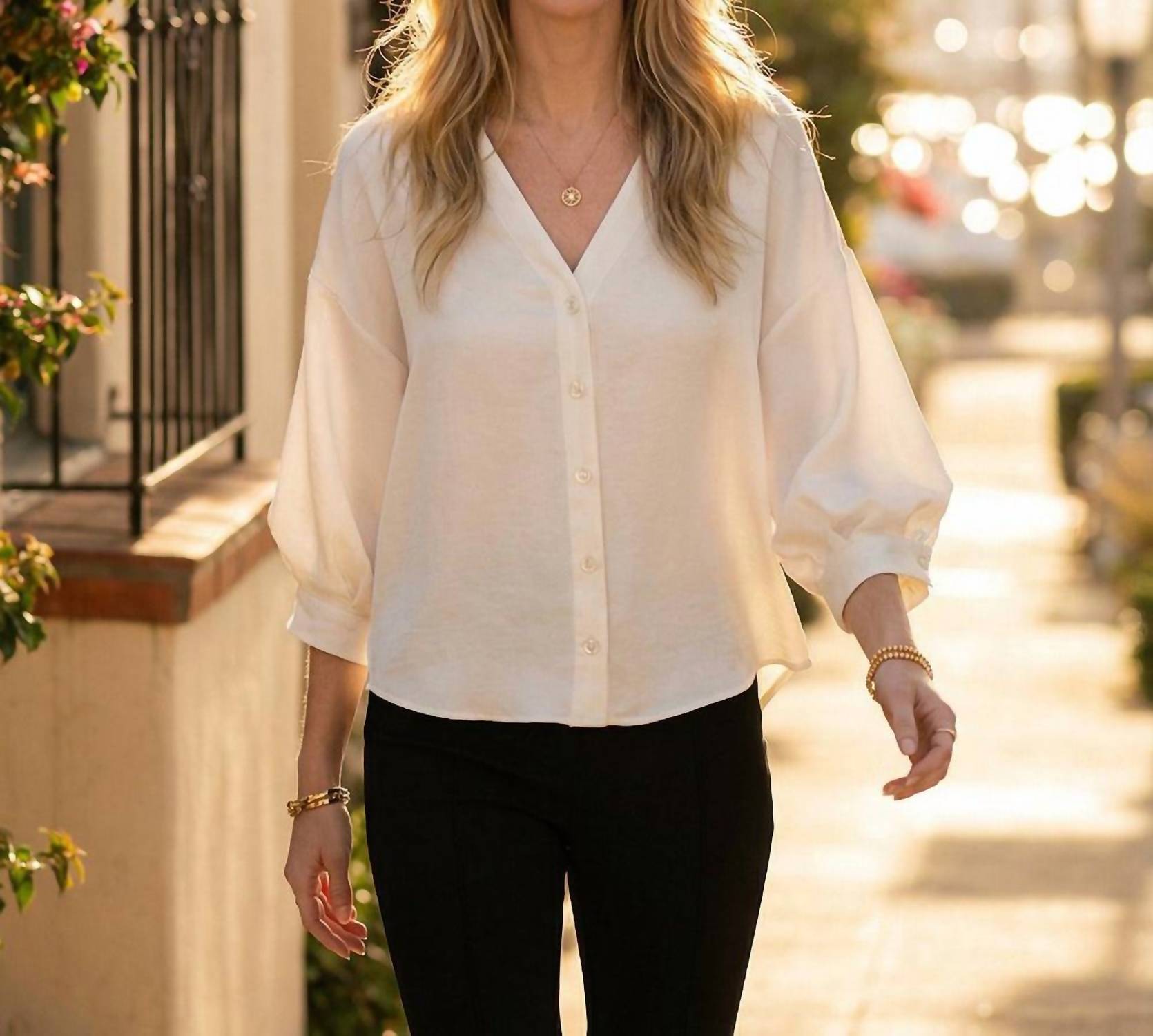 Karen Kane Lantern Sleeve Crystal Rhinestone Button Satin Top in cream - women's blouse - view 7