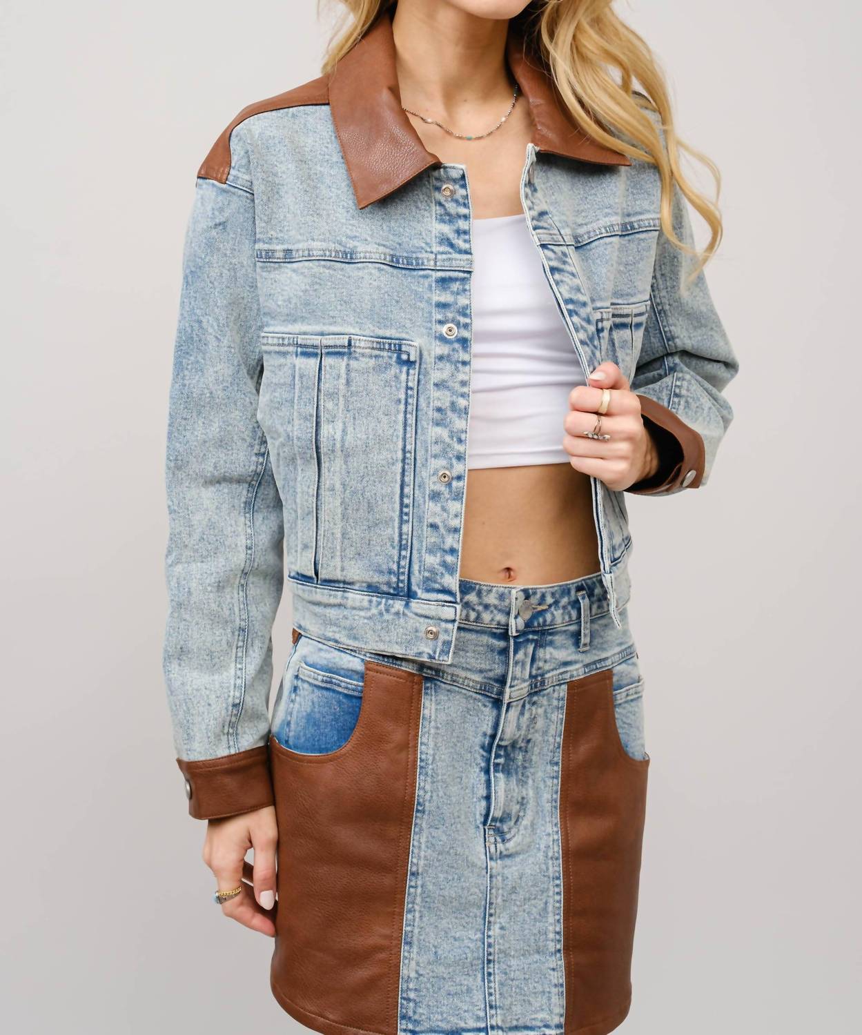 Blue B - Faux Leather Color Block Denim Jacket