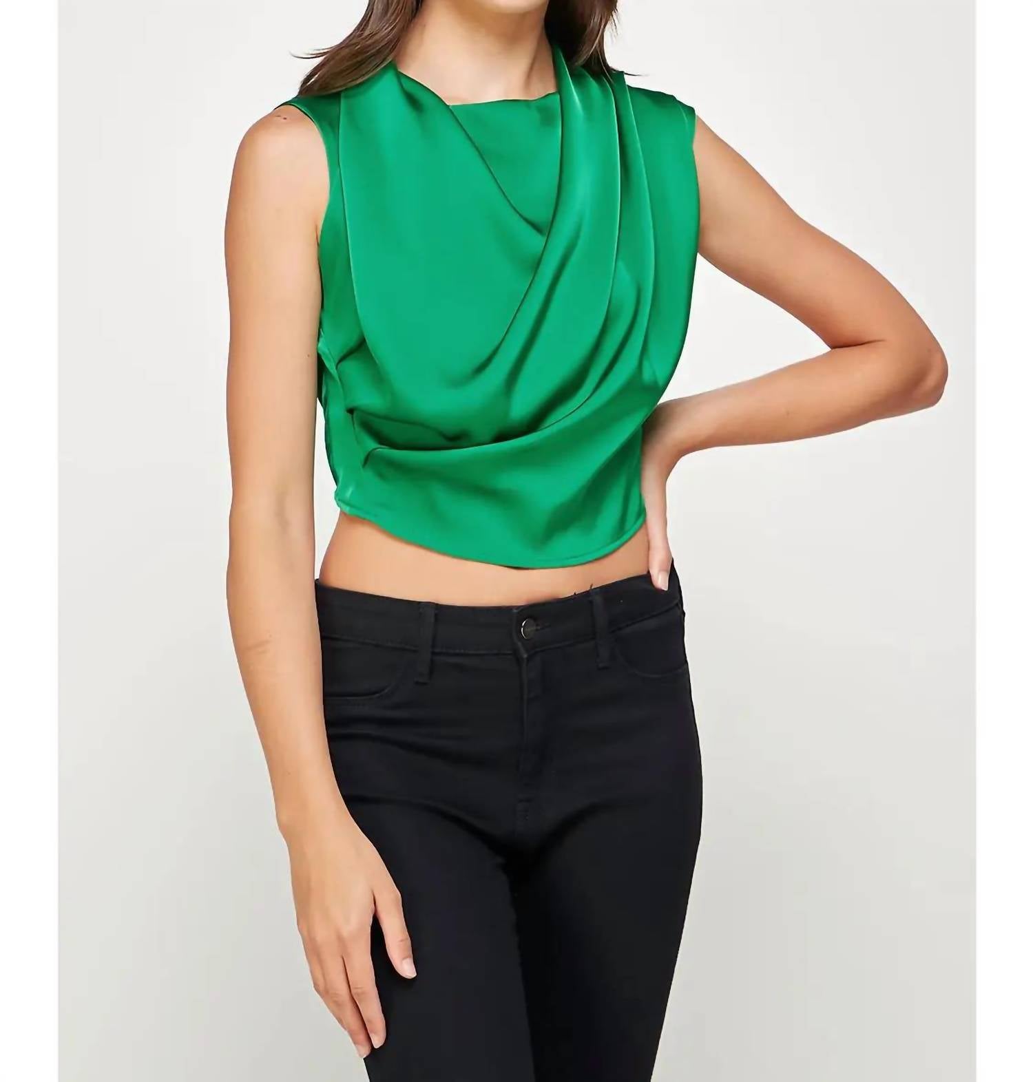 Strut & Bolt High Cowl Neck Satin Top in green - women's shirt