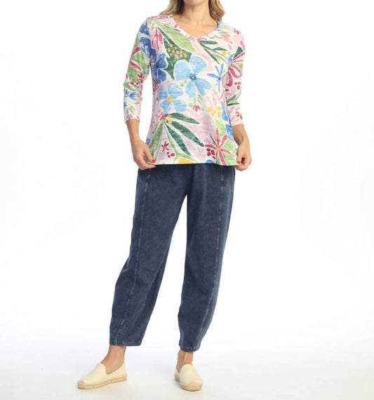 Jess & Jane - Rosy Abstract Print Burnout V-neck Top