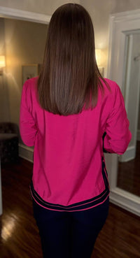 Multiples 3/4 Sleeve Notch Color With Trim Top in bright pink - women's blouse - detail view