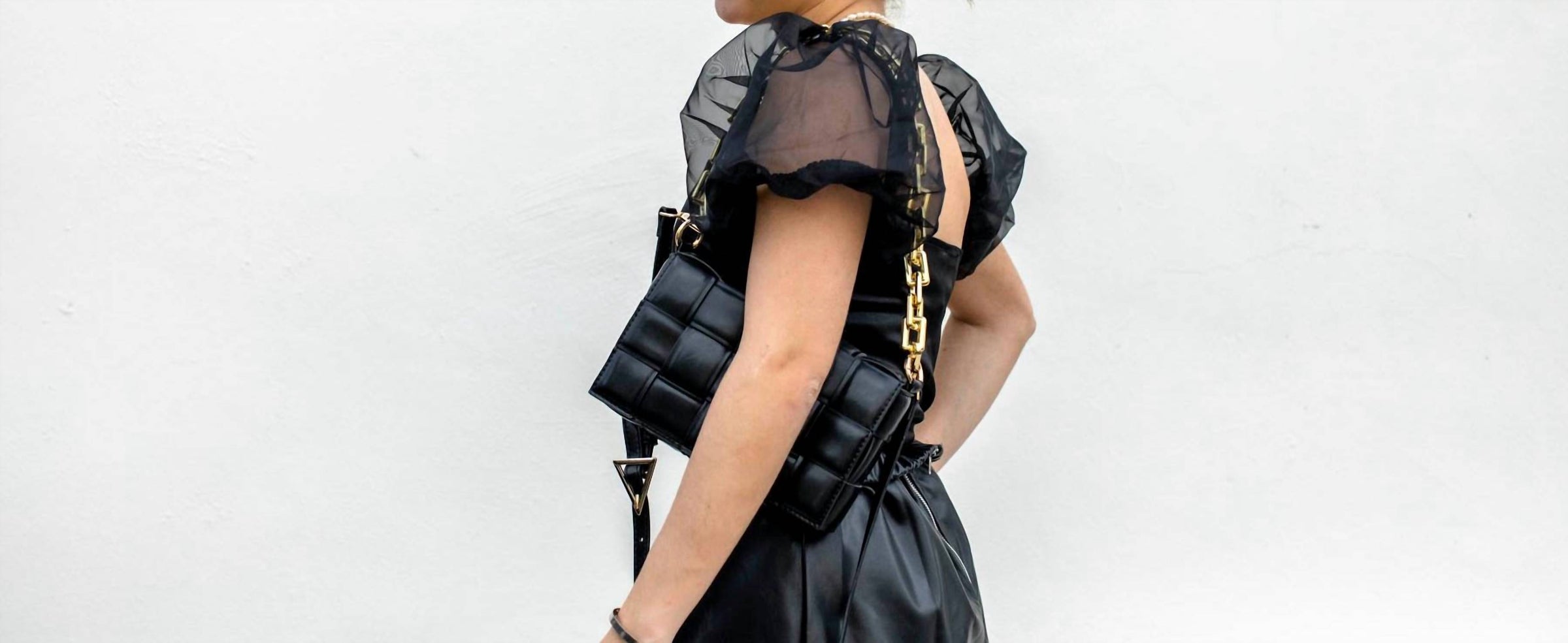Day + Moon - Organza Puff Sleeve Cropped Satin Knit Top