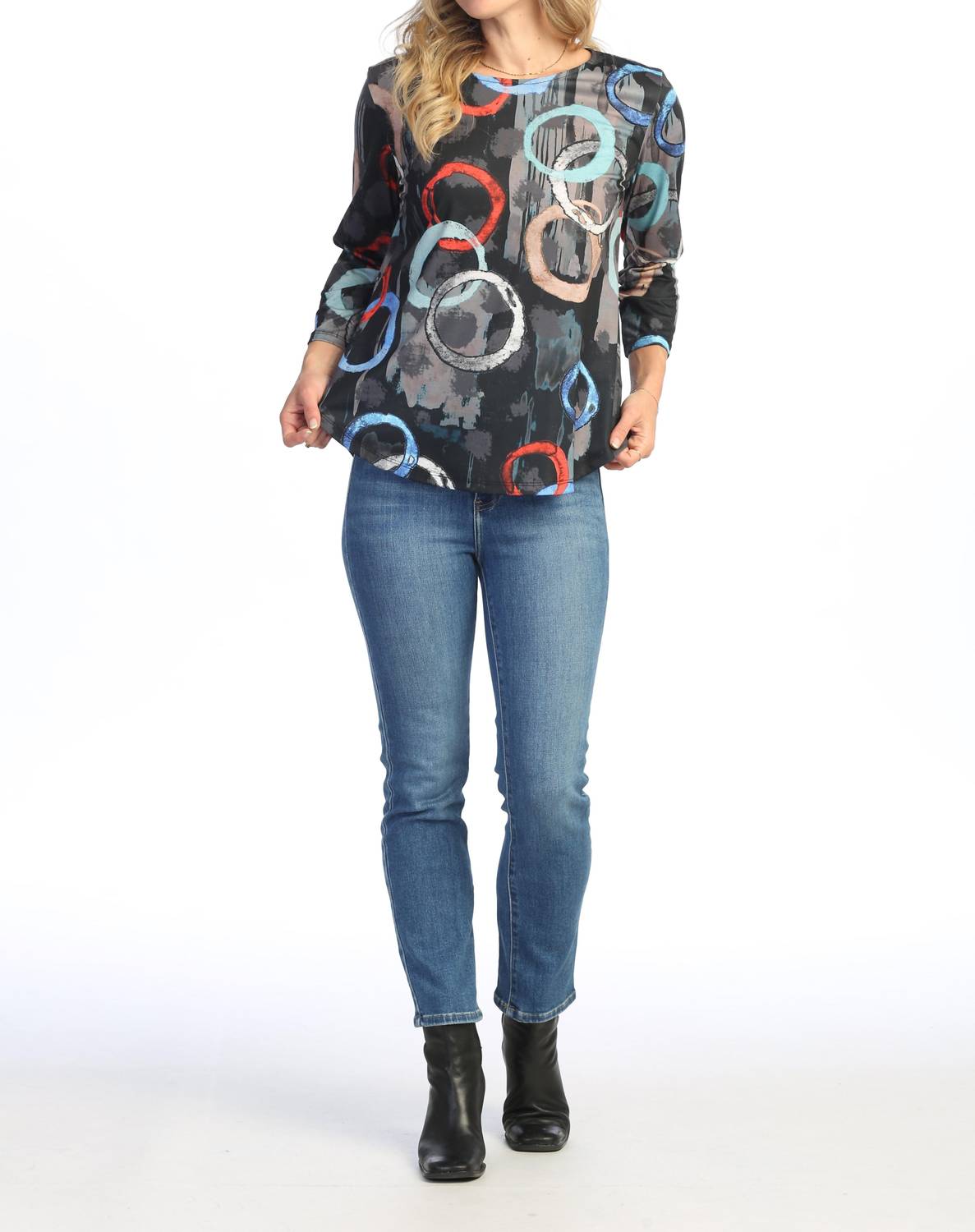 Jess & Jane Lagoon Soft Touch Round Hem Top in multi - women's shirt - detail view