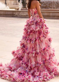 La Femme Strapless ruffle tulle ballgown in pink multi - women's dress - detail view