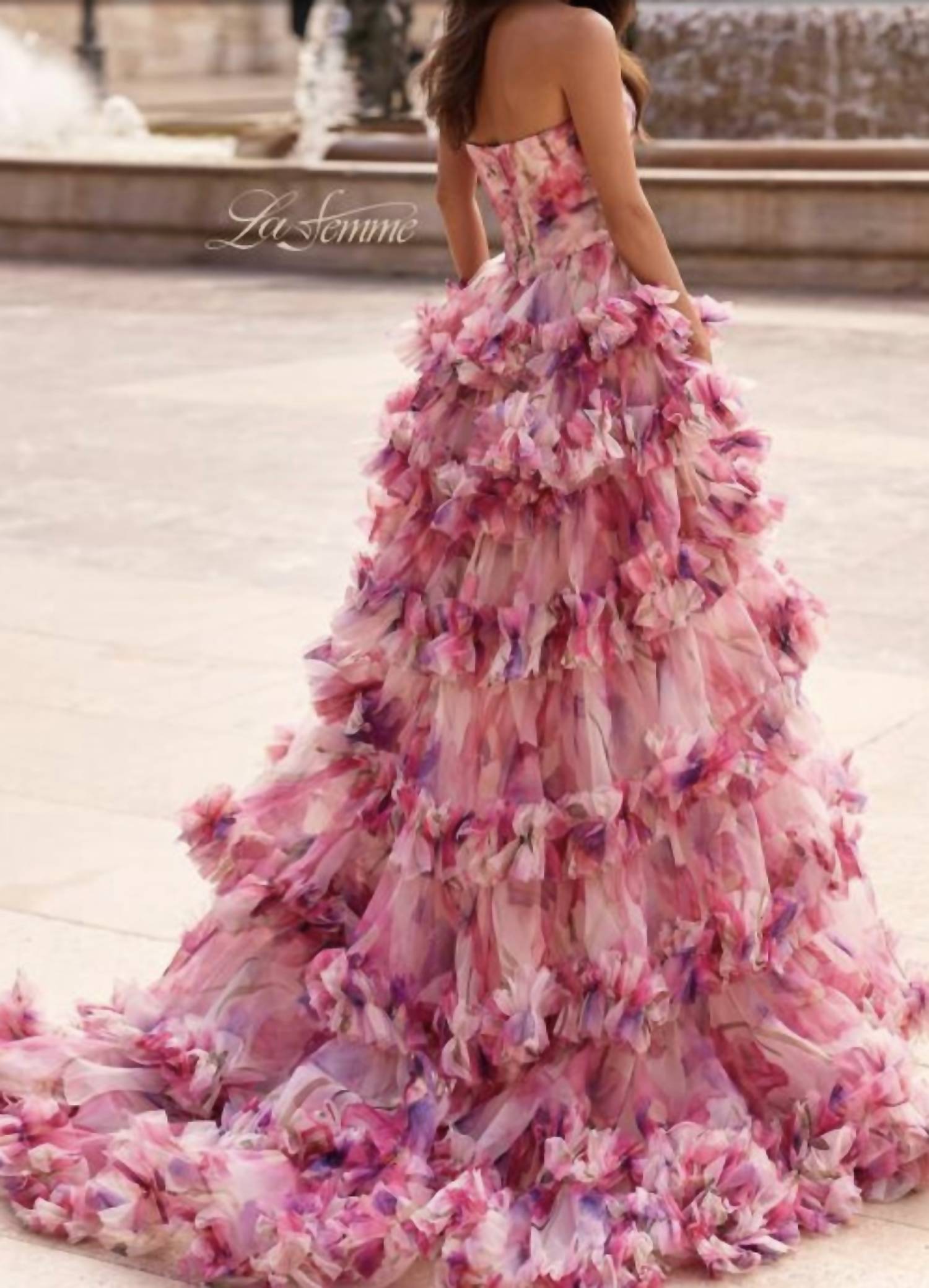 La Femme Strapless ruffle tulle ballgown in pink multi - women's dress - detail view