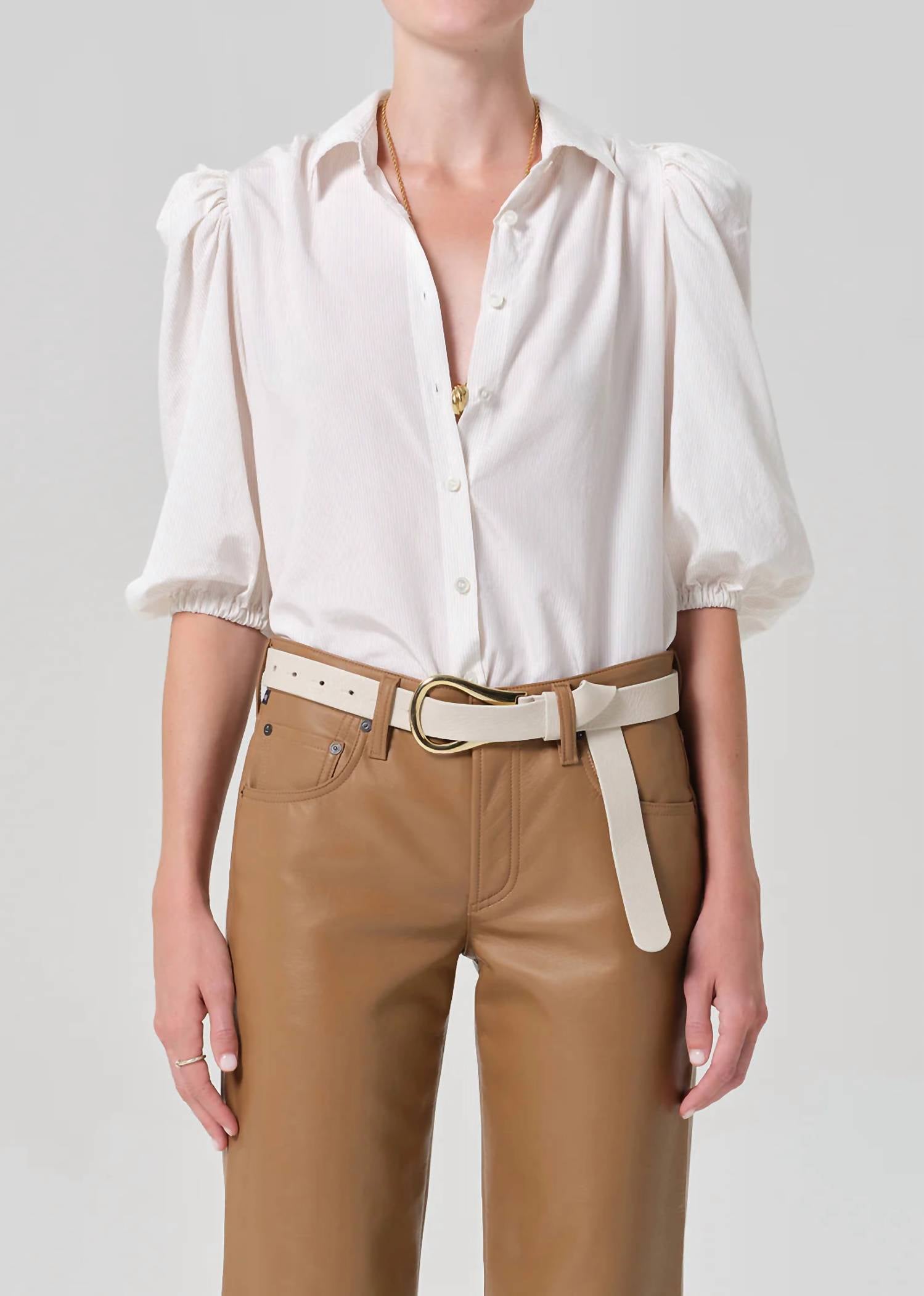 Citizens of Humanity Anya Puff Sleeve Shirt in sand microstripe - women's blouse