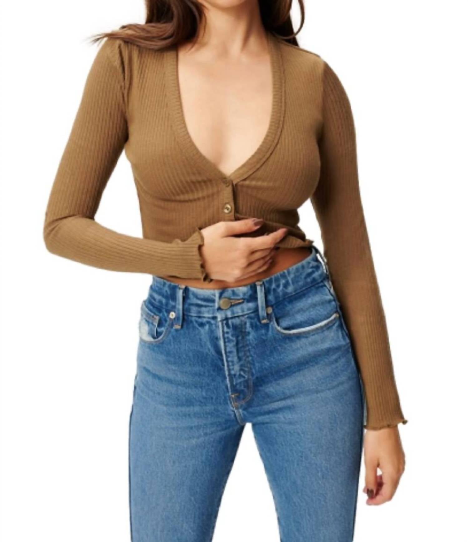 GOOD AMERICAN Essential Rib Cardigan Sweater in sepia - women's sweater