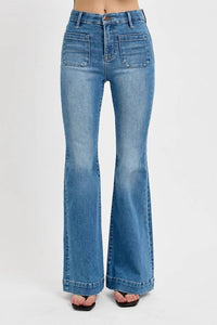 Risen - Elastic Band High Rise Flare Front Patch Pocket Jeans