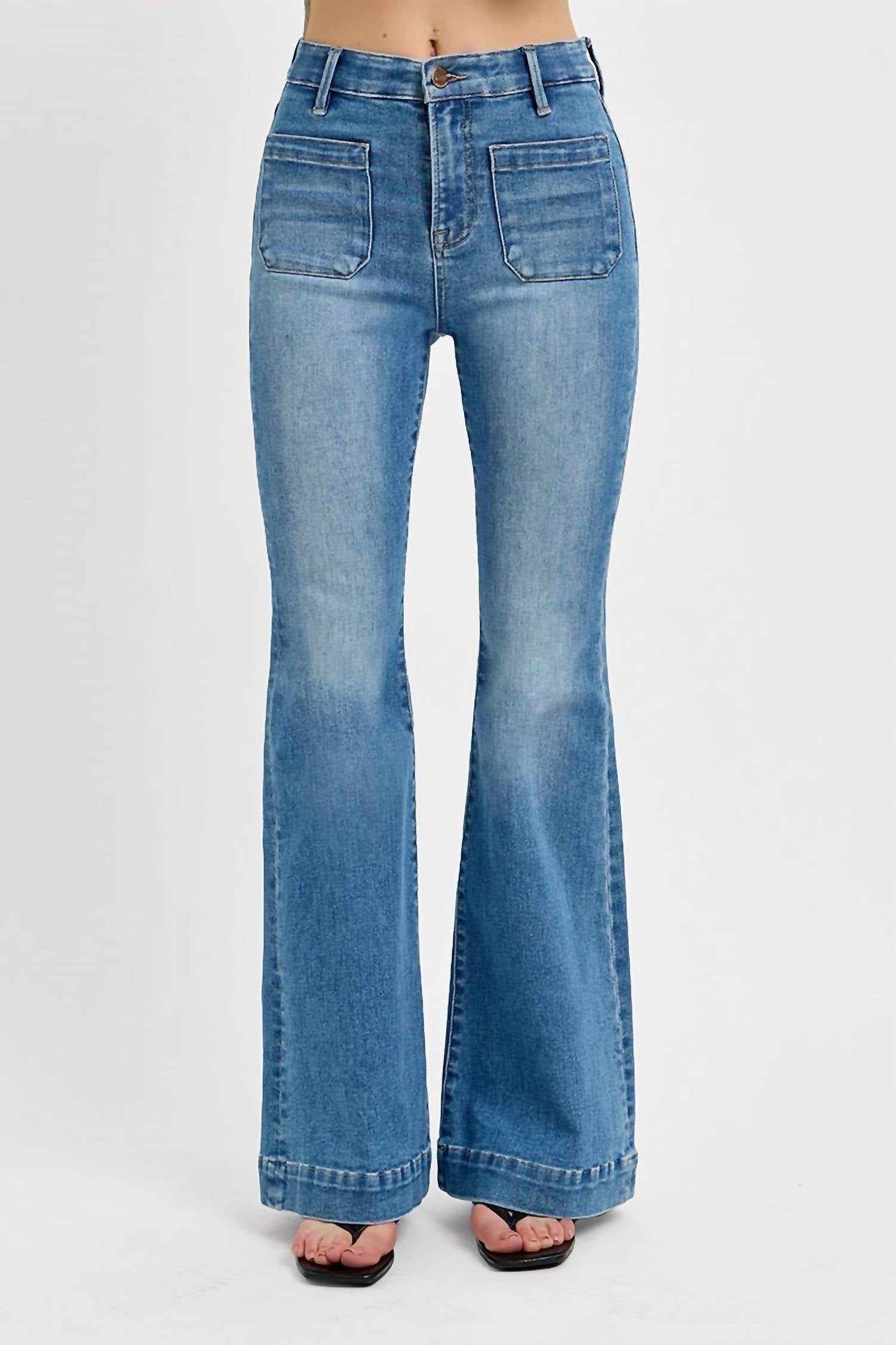 Risen - Elastic Band High Rise Flare Front Patch Pocket Jeans