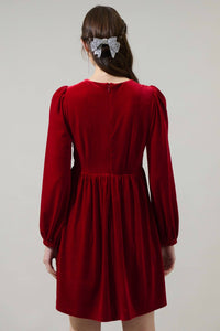 SUGARLIPS Bridget Bow Velvet Long Sleeve Mini Dress in red - women's dress - detail view
