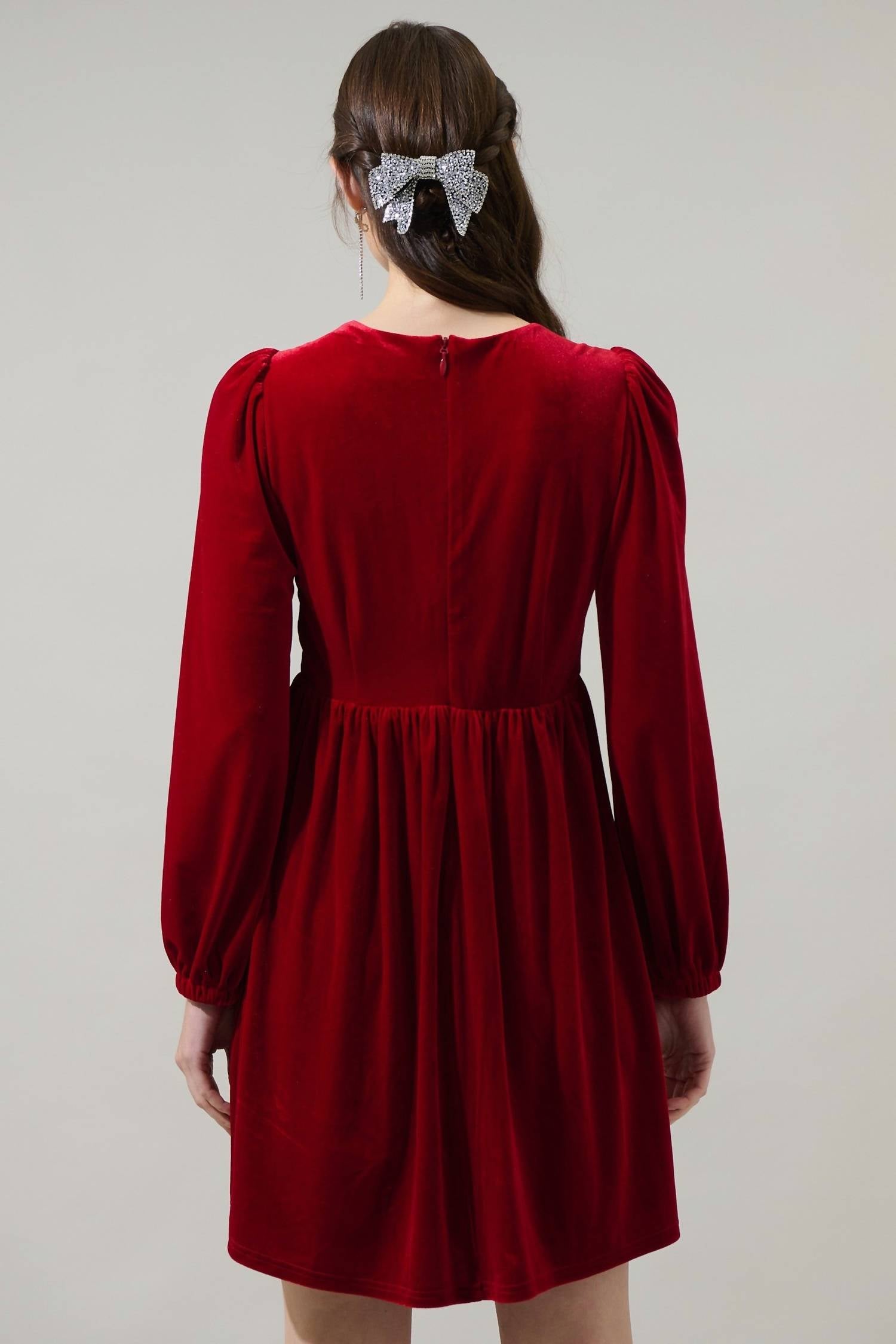SUGARLIPS Bridget Bow Velvet Long Sleeve Mini Dress in red - women's dress - detail view