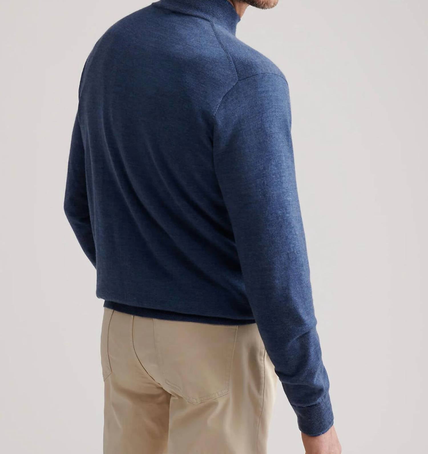 PETER MILLAR Autumn Crest Suede Trim Quarter Zip Sweater in blue haze - men's sweater - detail view