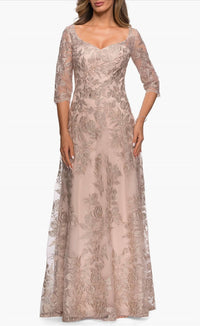 La Femme - Floral Embroidered Mesh A-line Gown