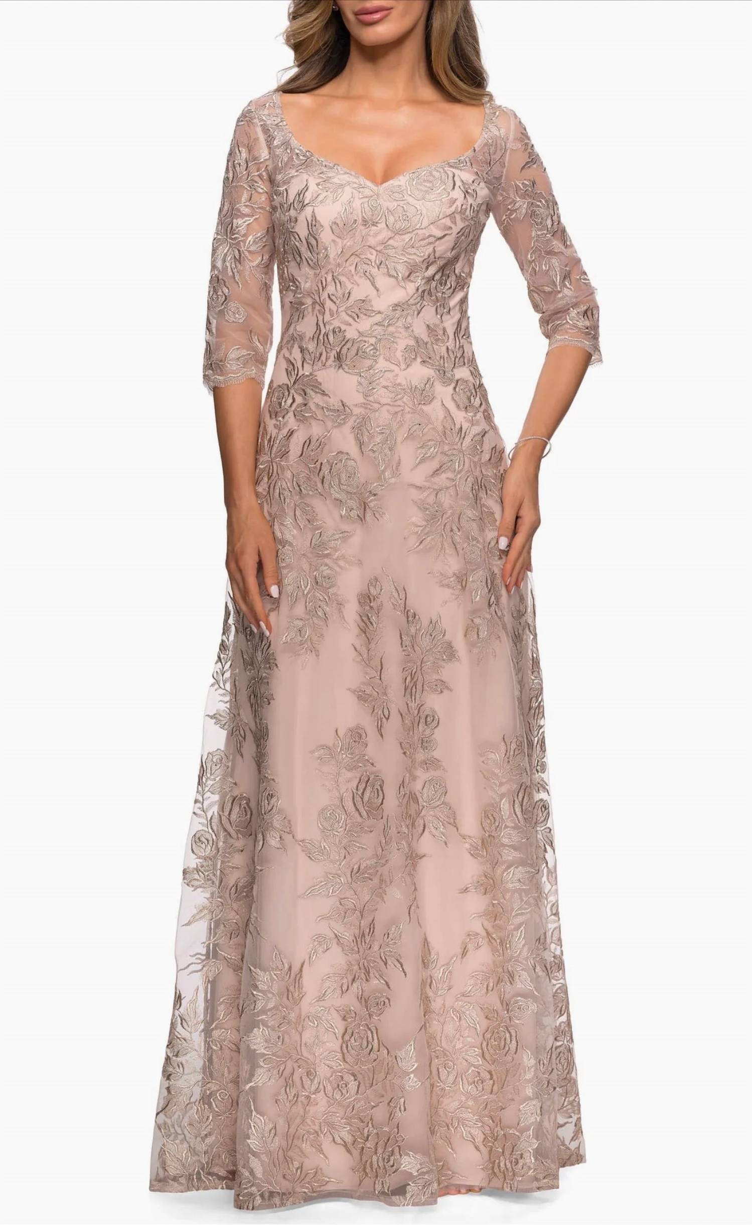 La Femme - Floral Embroidered Mesh A-line Gown