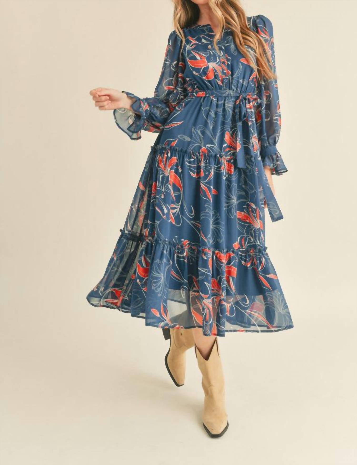 Merci Exclusive Floral Print Tiered Midi Long Sleeve Dress in teal combo - women's dress