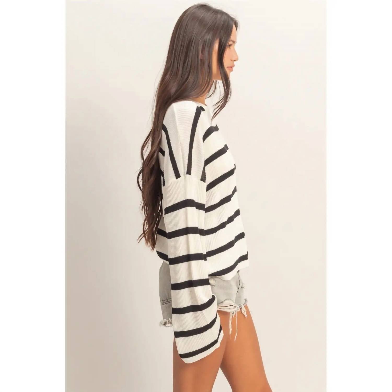 Double Zero Wide Sleeve Striped Sweater in black - women's sweater - detail view