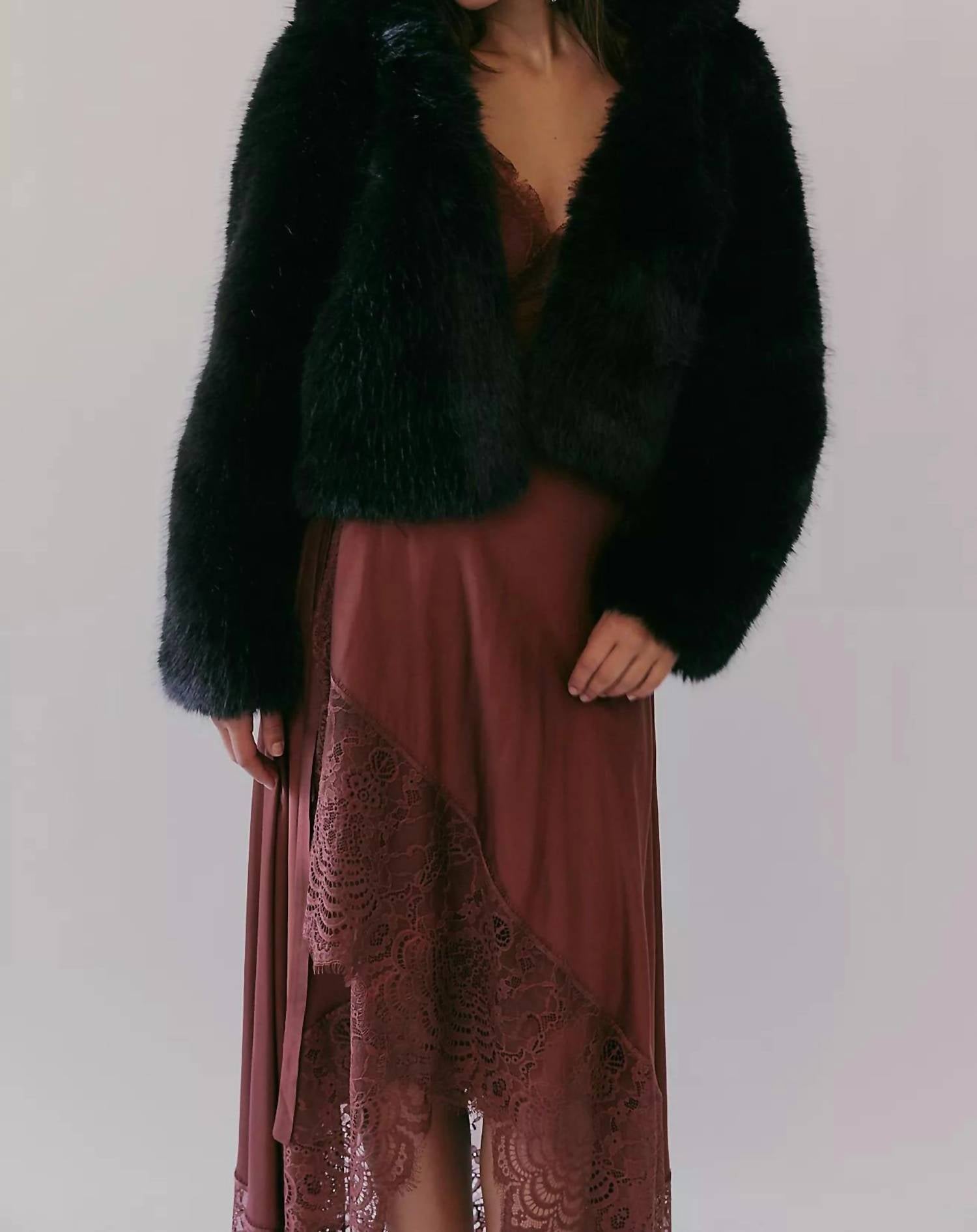 Free People Louder Please Hooded Faux Fur Jacket in black - women's jacket - detail view