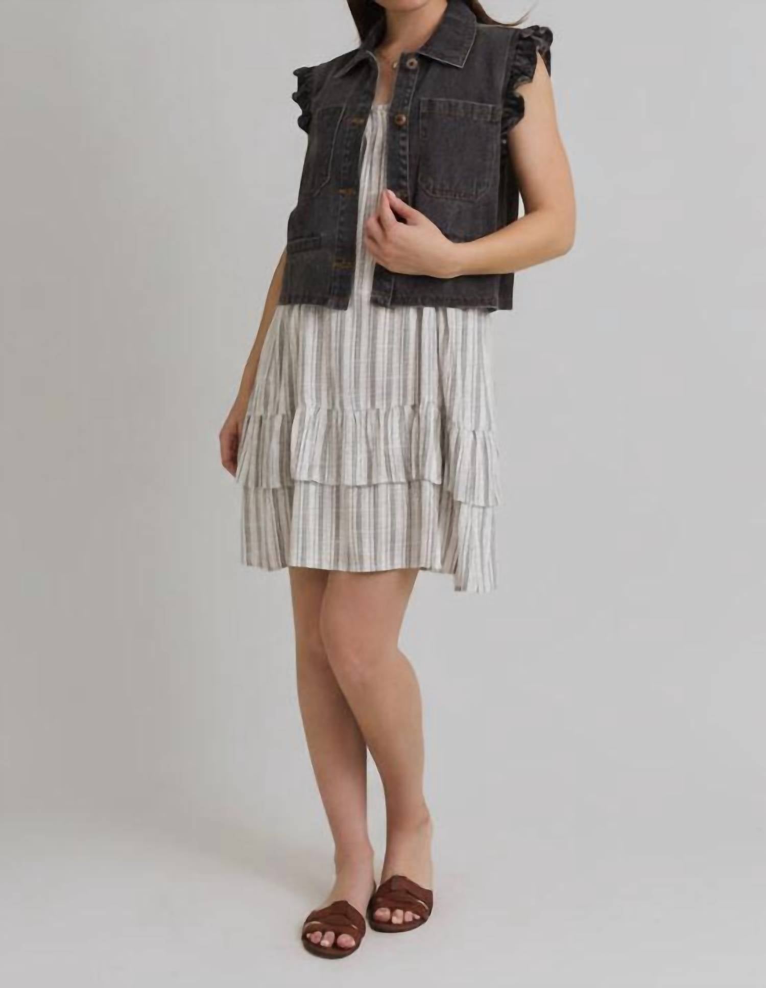 GILLI Peyton Ruffle Detail Jean Vest in charcoal denim - women's jacket
