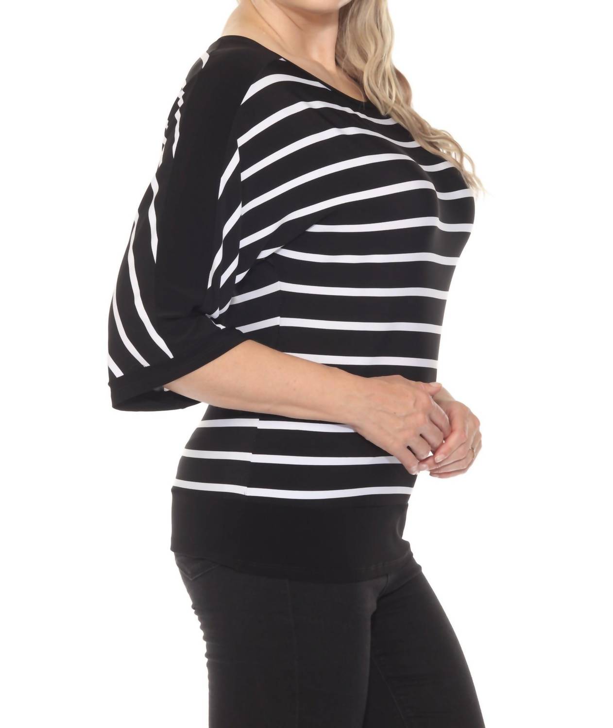 Joseph Ribkoff - Striped 3/4 Sleeve Boat Neck Top