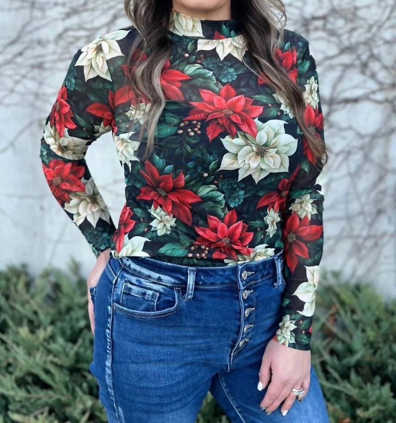 Sterling Kreek - Meet Me Under The Poinsettia Mesh Top