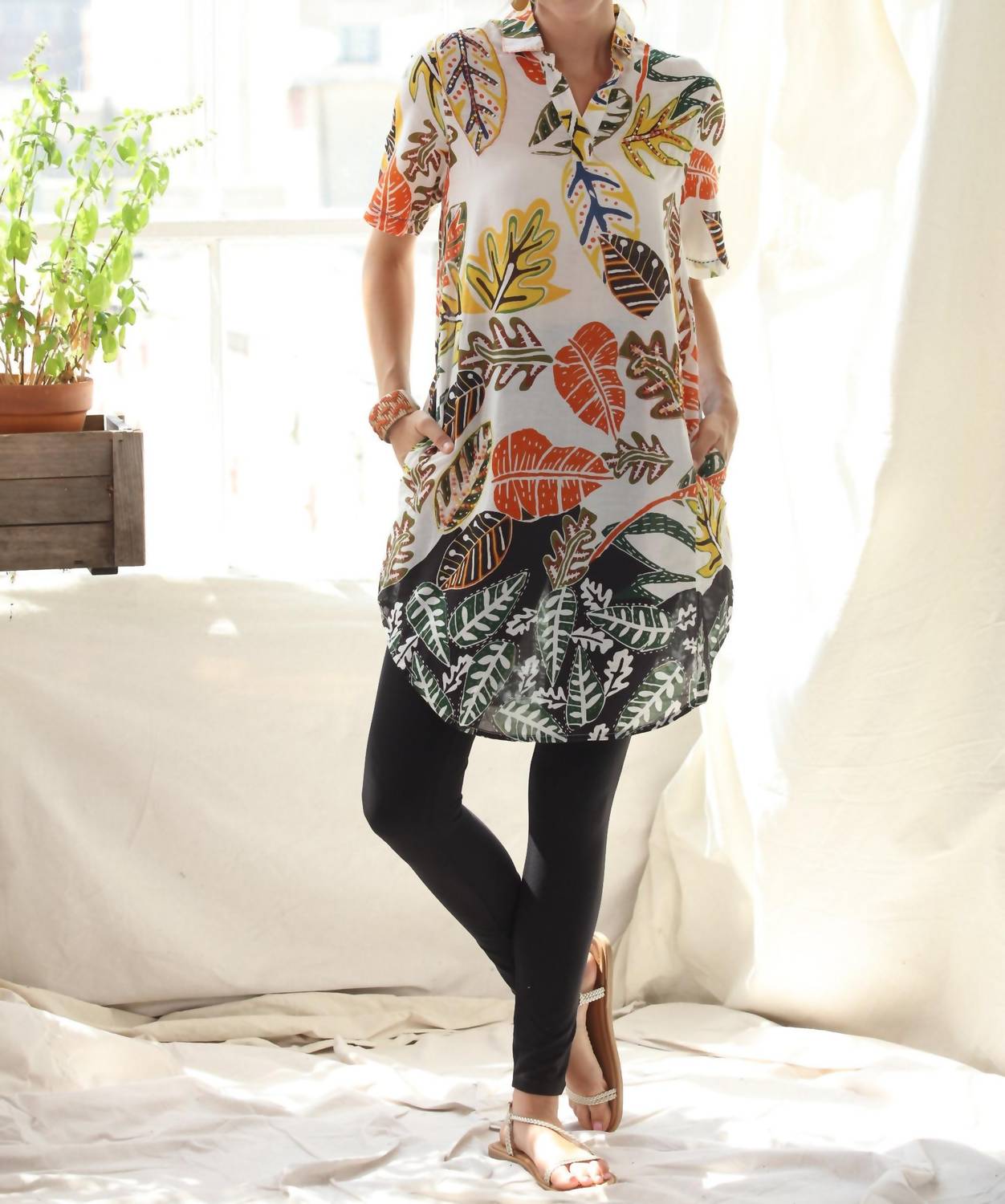 Kikisol - Artisan Leaf With Beading & Embroidered Kikisol Tunic Top With Pockets