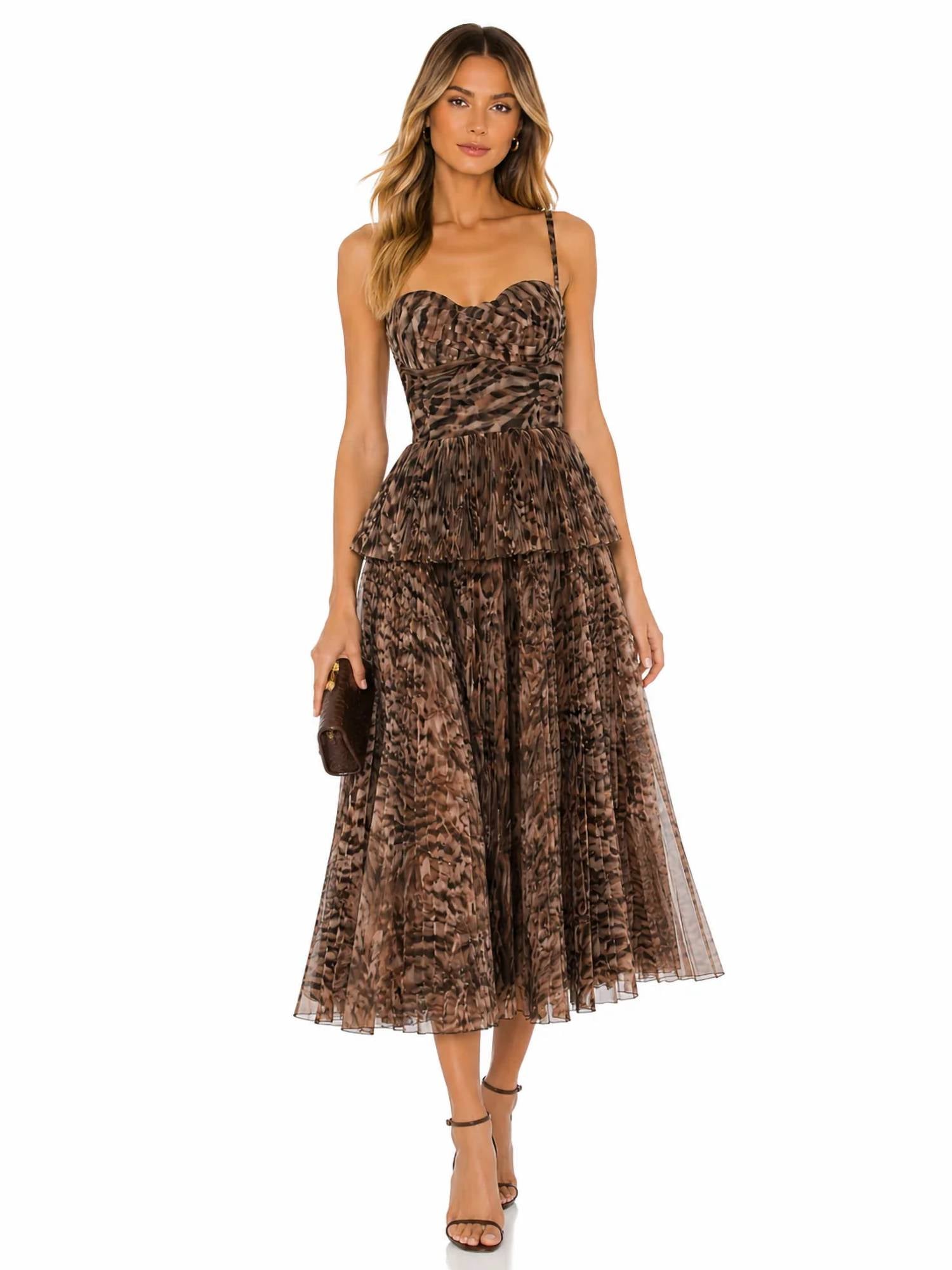 Hutch - Animal Print Pleated Peplum Midi Dress