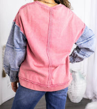 Surelymine - Pink Denim Patch Sleeve Sweatshirt