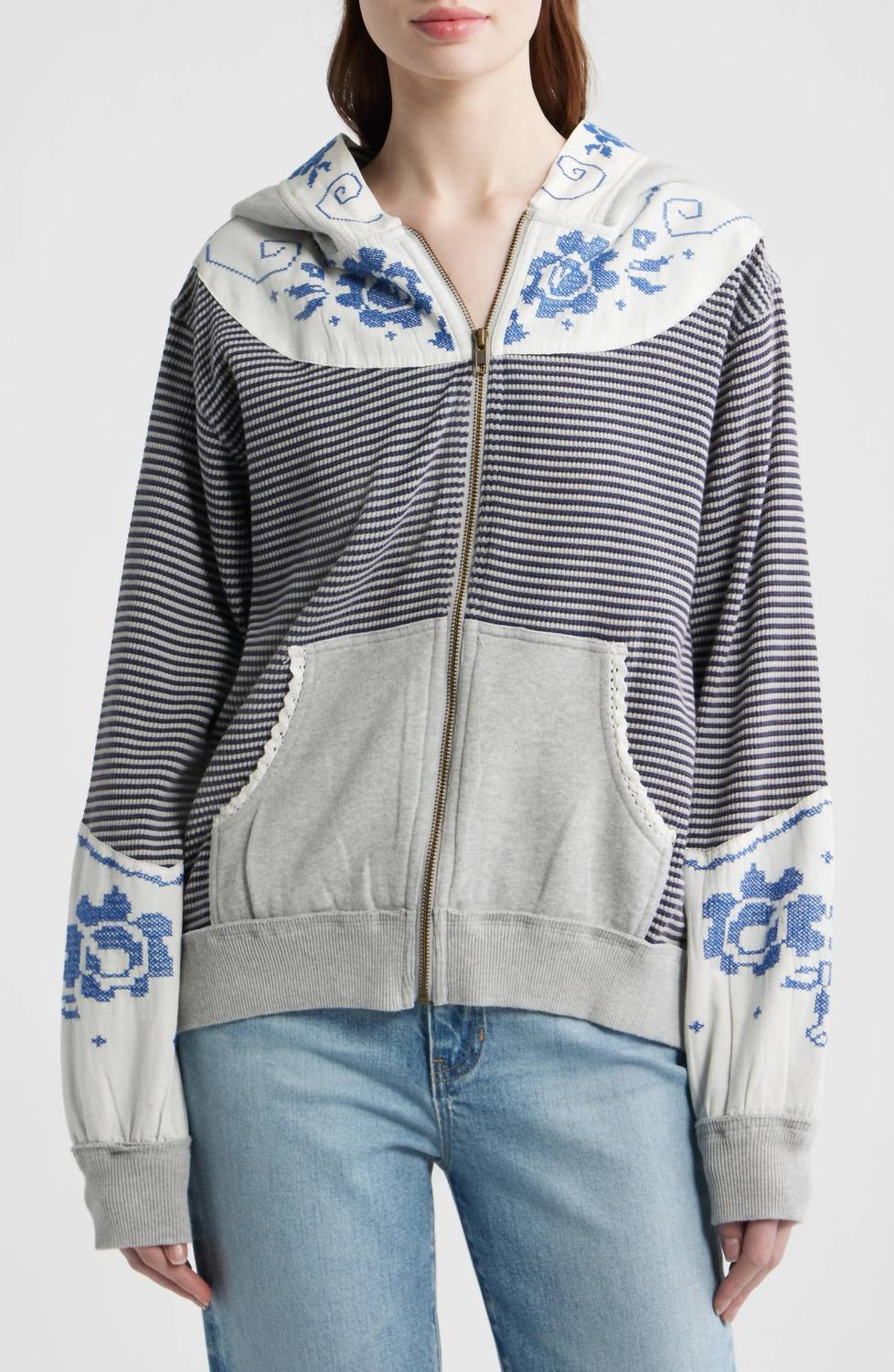 Free People - Lydia Mixed Media Zip-up Hooded Sweater
