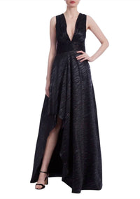 One33 Social - Deep Plunge V-neckline Metallic Gown Dress