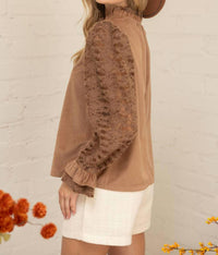 Voy - Fuzzy Lace Long Sleeve Ruffle Detailed Corduroy Top